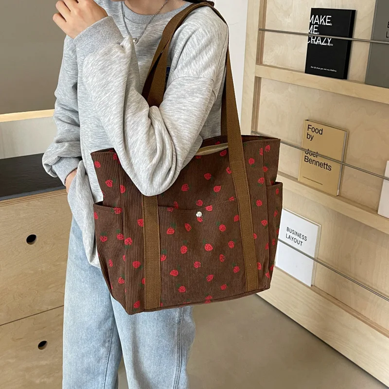 Fashion Printed Shoulder Bag Personalized Beautiful Girl Shopping Tote Bag Leisure Commuter Large Capacity Corduroy Handbag