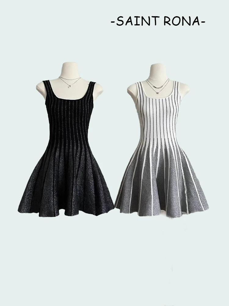 

2025 Summer Women Vintage Style High Quality Lady Sleeveless O-neck Mini Short Knitted Vertical Stripes A-line Striped Dress
