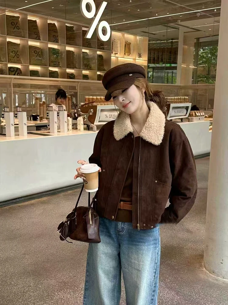 

Ретро-дизайн в корейском стиле: замшевая куртка для женщин с меховым воротником, осенне-зимняя, теплая, высококачественная, модная верхняя одежда