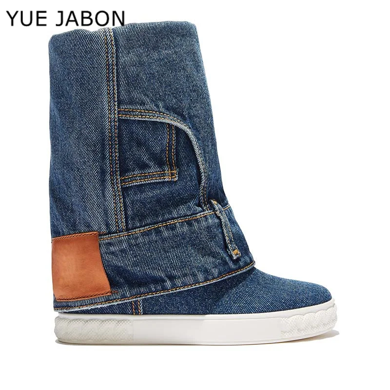 

Lady New Denim Wedge Short Boots Woman Sexy 10cm Height Increasing Wedge Heel Mid-calf Boots Fashion Female Jeans Casual Shoes