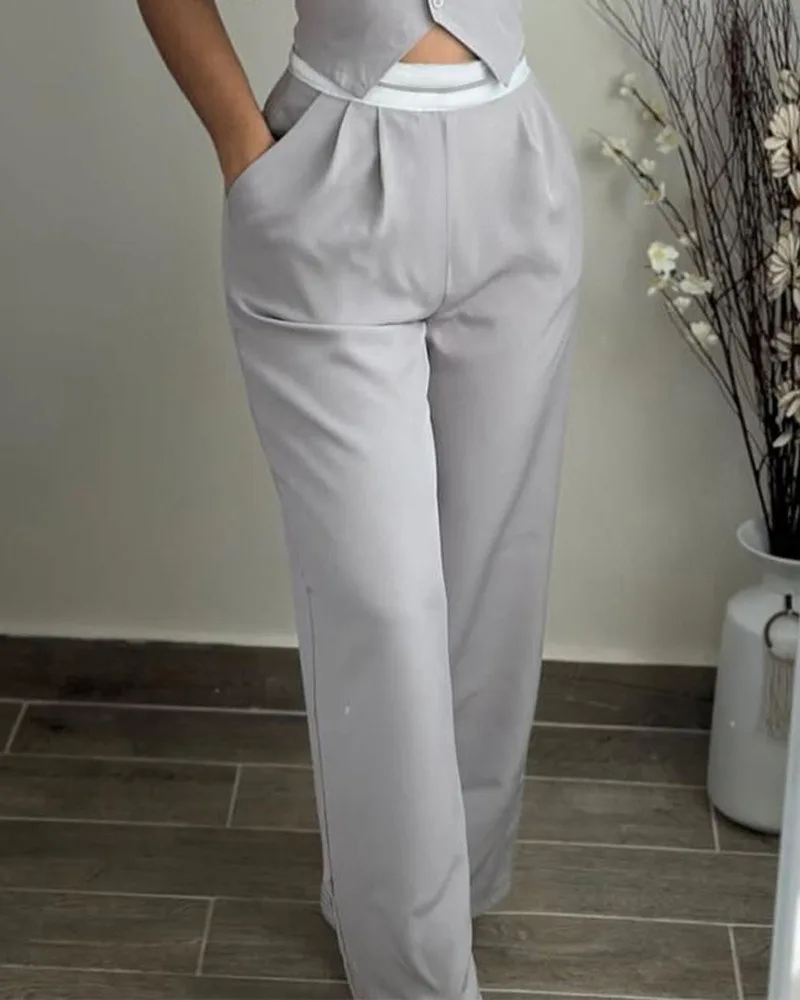 Elegant 2-piece Sets for Women Outfit 2024 Summer V-Neck Sleeveless Buttoned Vest Top & Pocket Design Daily Trouser Pants Set