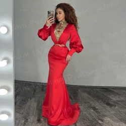 Fashionable Red Mermaid Graceful Women's Evening Dresses Pretty High Neck Long Sleeve Prom Gowns Formal Party Vestido De Noche