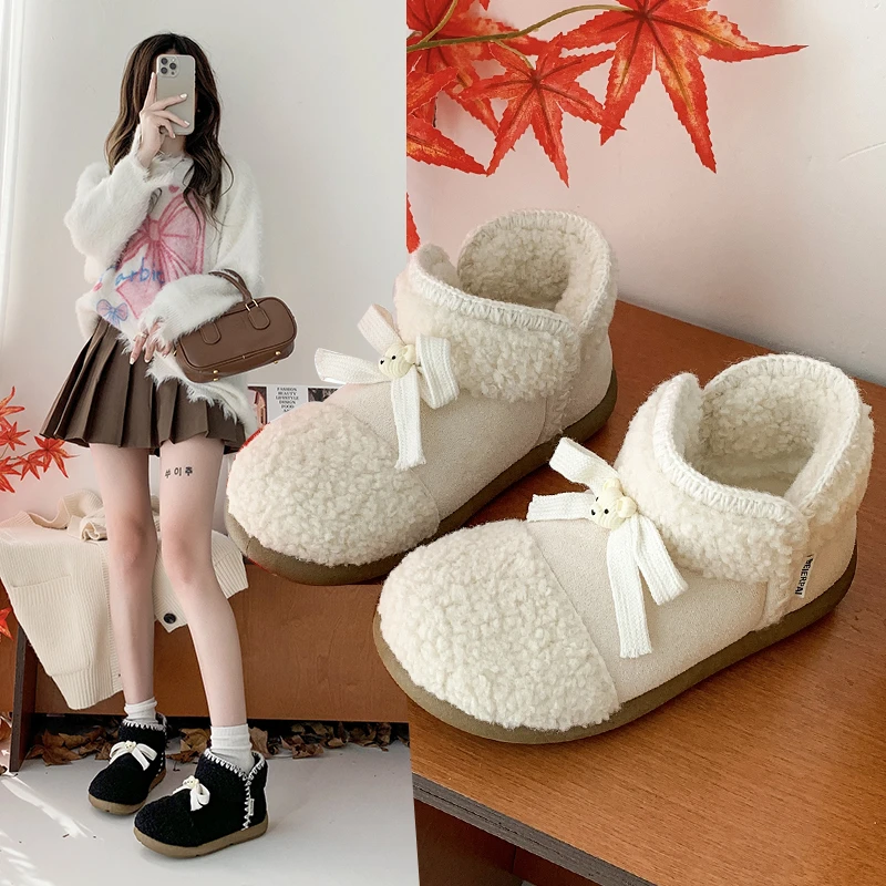 Winter Women's Round Toe Flat Plush Warm Snow Boots Fashionable Bow Decoration Casual Solid Color Low-cut Cotton Shoes