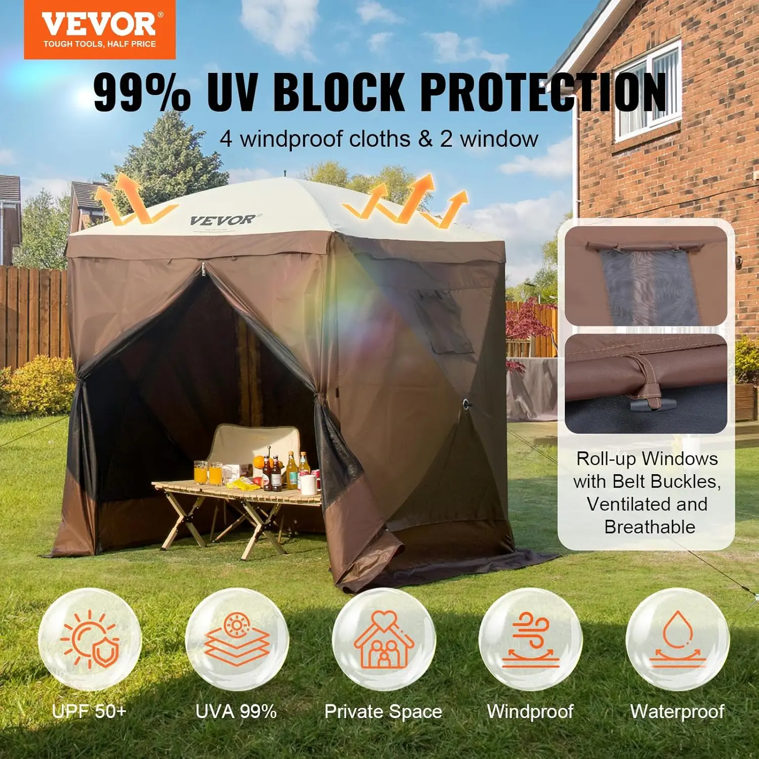 

Pop Up Gazebo Tent, Pop-Up Screen Tent 4 Sided Canopy Sun Shelter with 4 Removable Privacy Wind Cloths & Mesh Windows, 6x6FT Qui