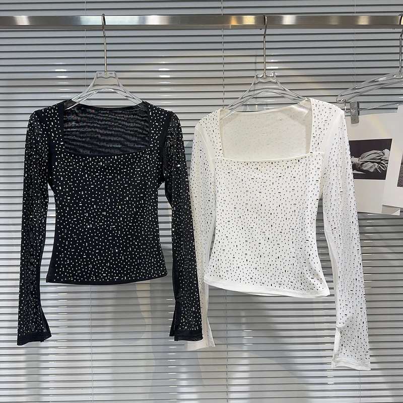 2025 summer women new long sleeved elegant socialite star studded slim fit low square neck temperament T-shirt
