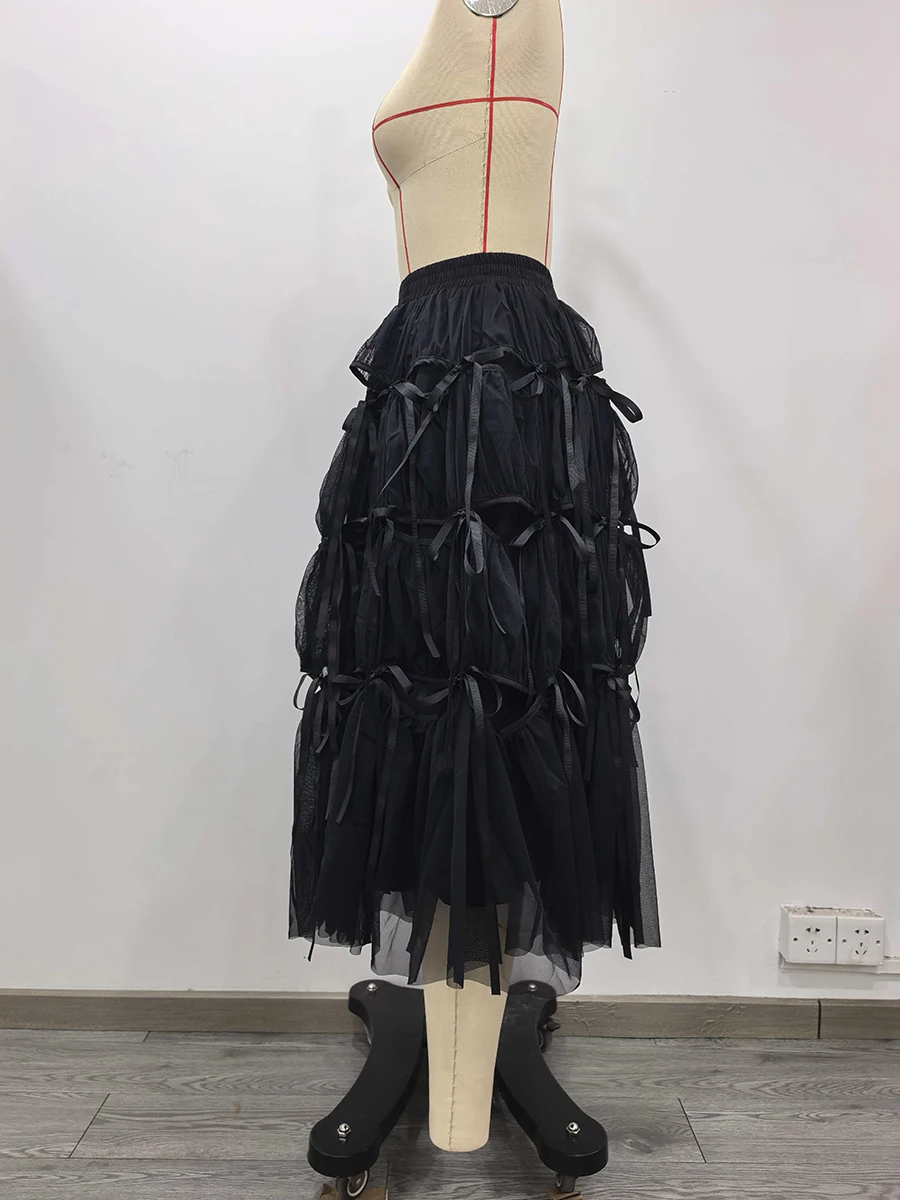 TWOTWINSTYLE Loose Spliced Bowknot Fashion Skirts for Women High Waist Patchwork Shirring Long Skirt Female Autumn Clothing New