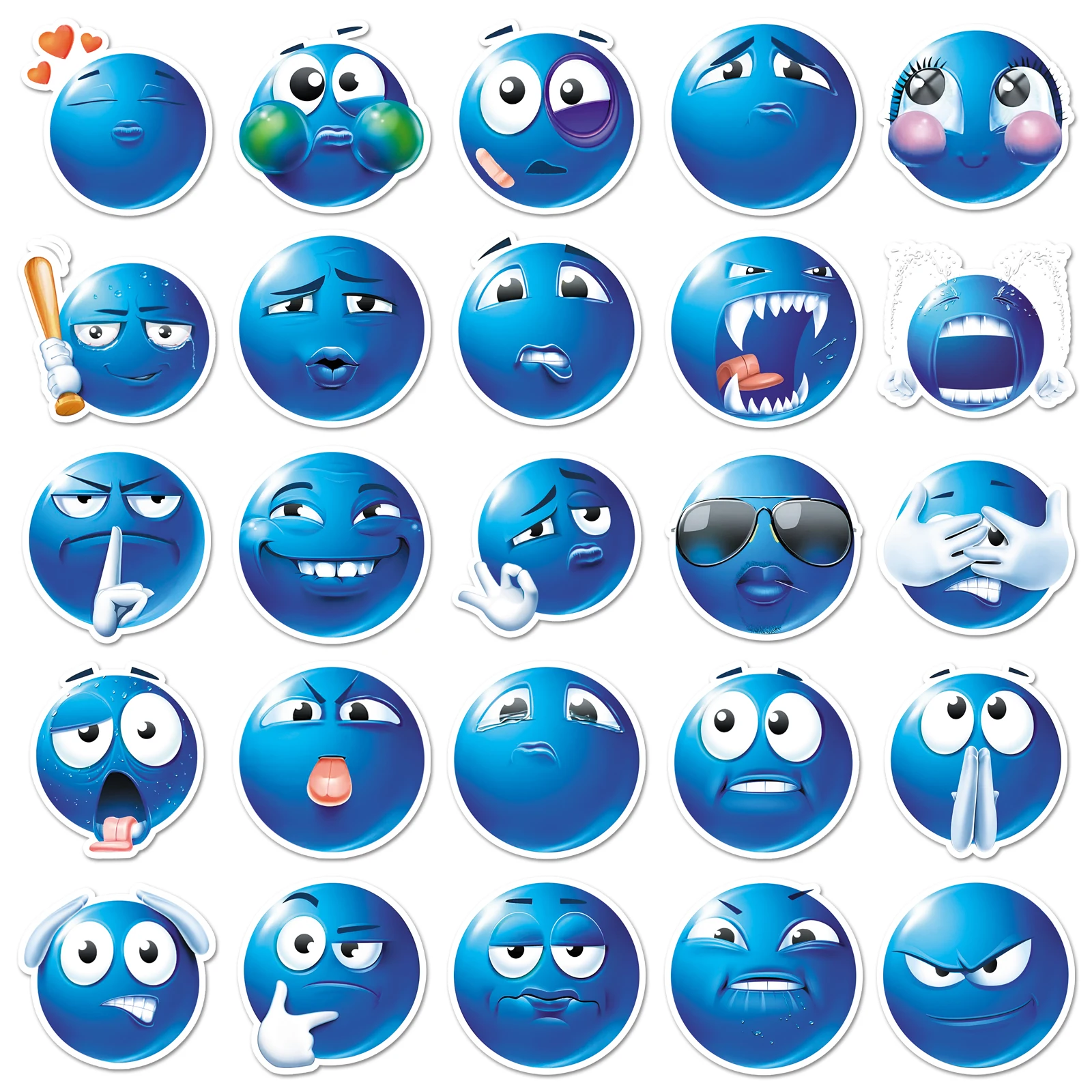 50Pcs Cute Cartoon Blue Emoji Series Cartoon Cute Waterproof Sticker Skateboarding Retro Home Decal Sticker