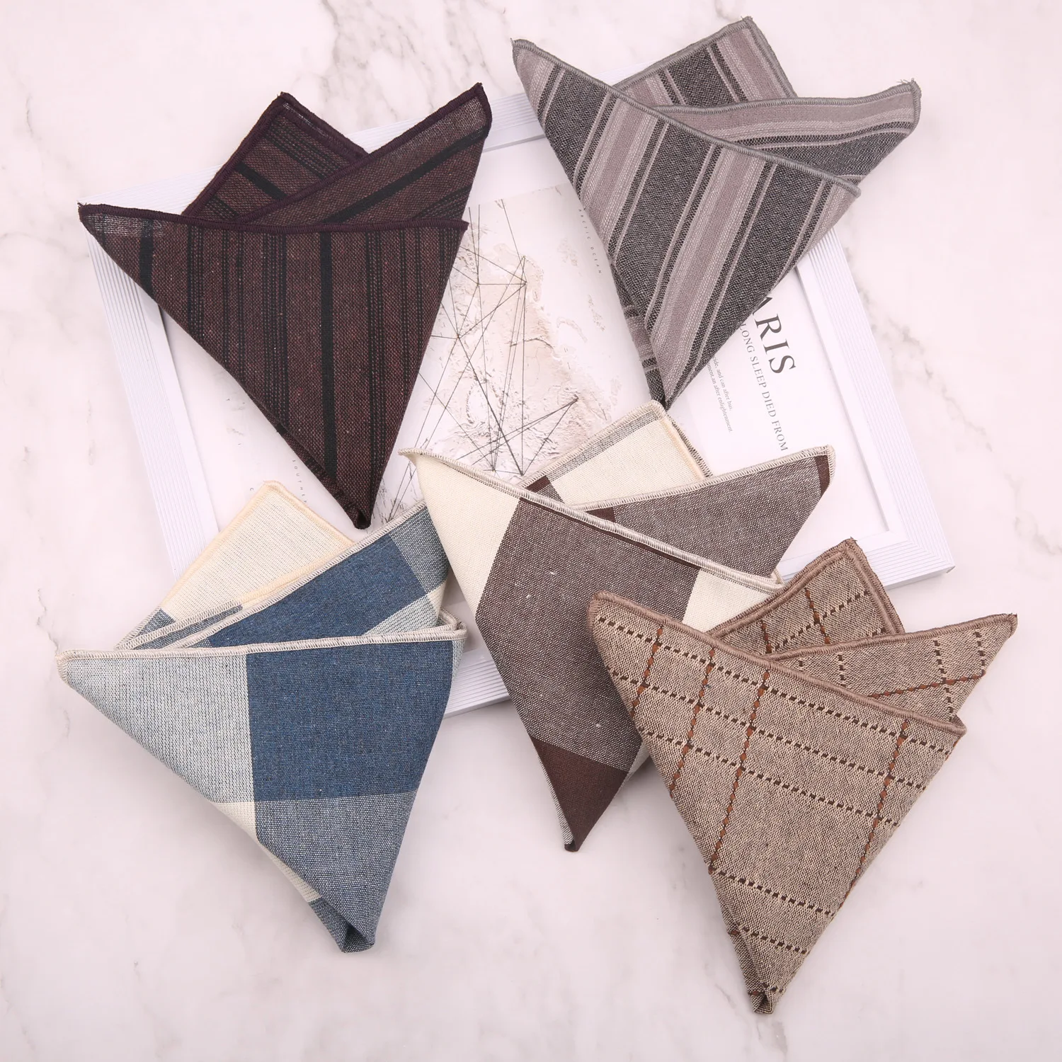 Retro Korean Version Suit Pocket Squares 23CM Stripe Brown Coffee Handkerchiefs for Man Banquet Daily Hanky Fit Autumn Winter