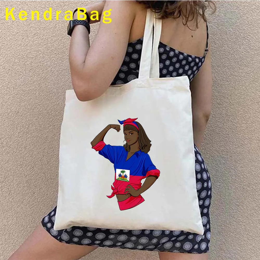 Haitian Girl Gift Arms of Haiti Country Map Flag Heritage Woman Love Heart Sunset Shopper Canvas Totes Bag Eco Shopping Handbags