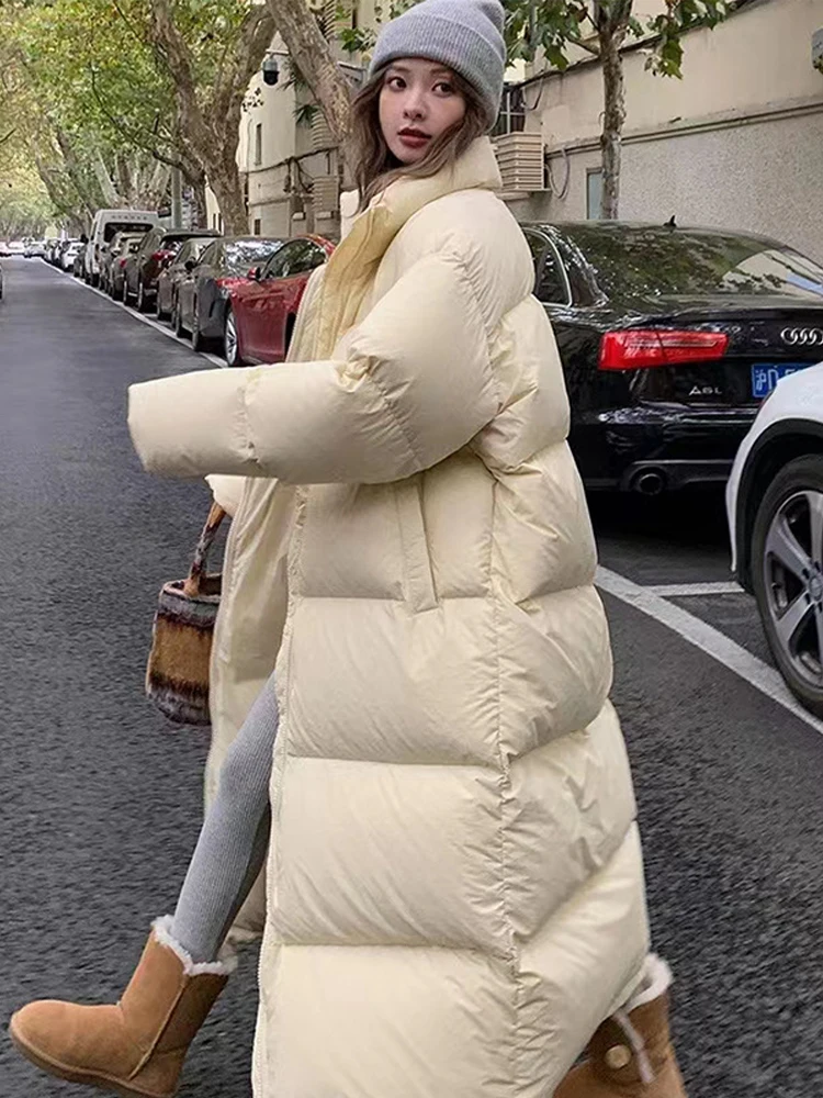 Mulheres pato branco para baixo puffer parka, casaco de neve quente grosso, gola alta, casaco comprido felpudo, outerware à prova de vento, solto,