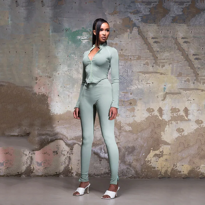 

Women's Autumn Winter Pure Color Sexy Two-Piece Set Long Sve Zipper Top Elastic Pants Faionable Casual Outfit