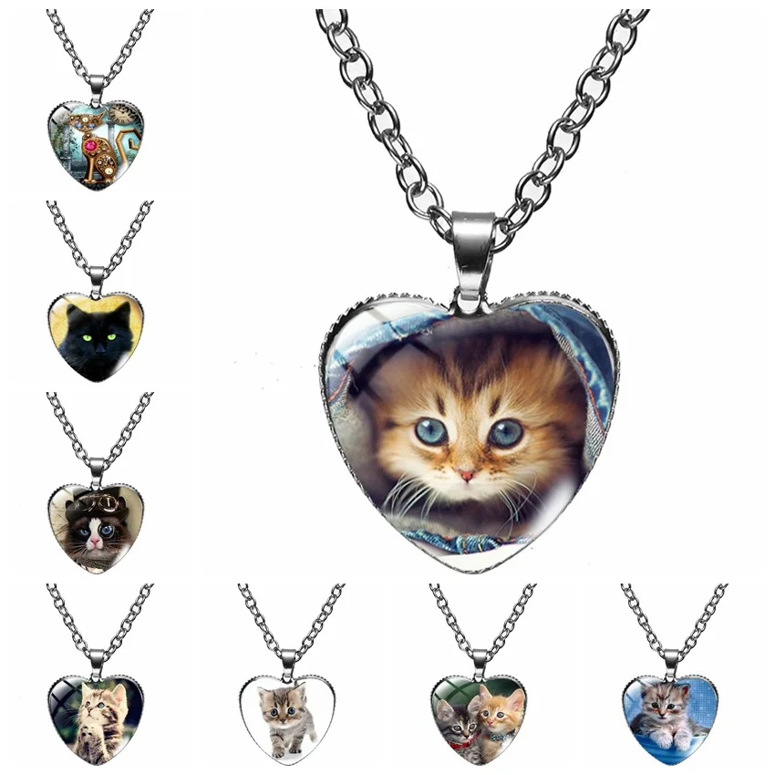 Hot Selling Fashion Accessories Heart Shaped Glass Pendant Alloy Necklace Cat Pattern Exquisite