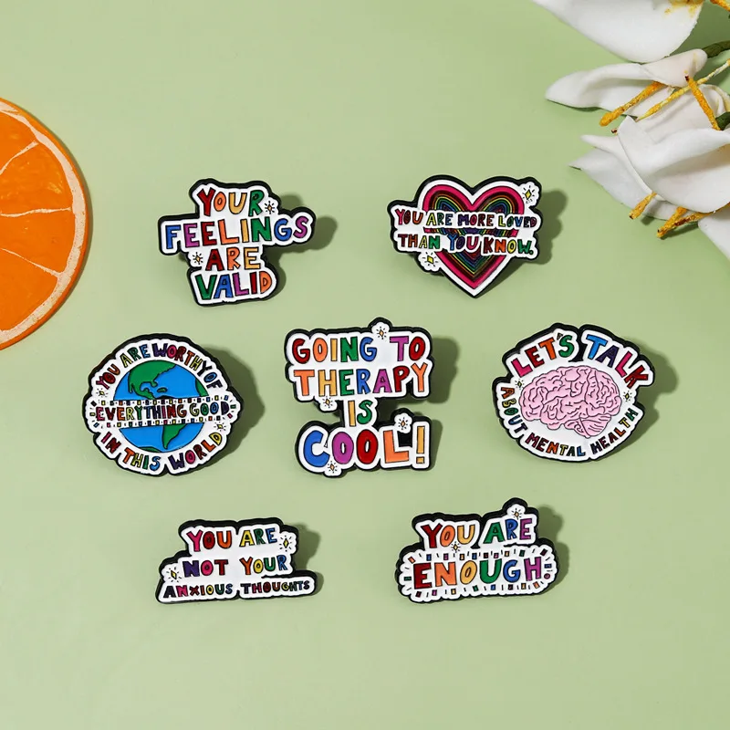 Let 's Talk about Mental Healtn Enamel Pins Brain Thinking Inspirational Quotes Brooches Metal Badges Cartoon Jewelry