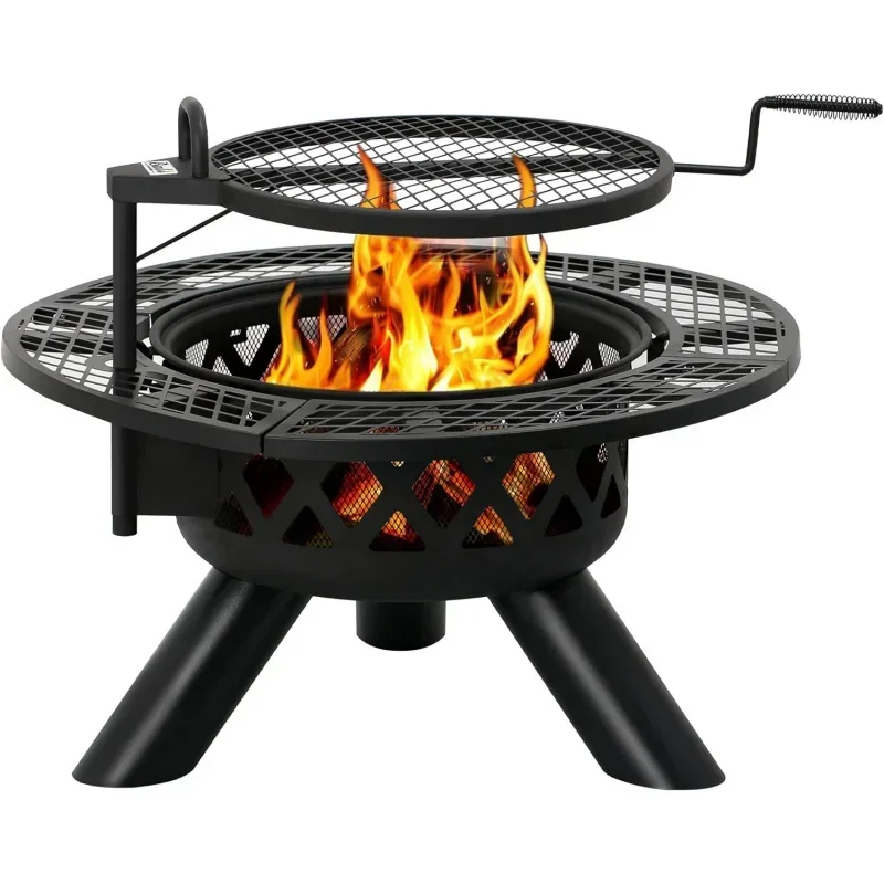 Fire Pits Wood Burning, Pit with Cooking Grate Grill , 20 Inch Bowl, Black