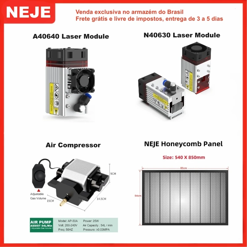 NEJE 40W/80W Módulo Laser A40640/N40630 Kit, Compressor De Ar 25W, 540x850mm Plataforma de Trabalho Honeycomb Brasil Stock