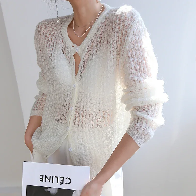 2024 Autumn Women's Cardigan Retro French Gentle Wind Fashion Wild Mohair Crochet Hollow Breathable Thin Knit Cardigan Sweater