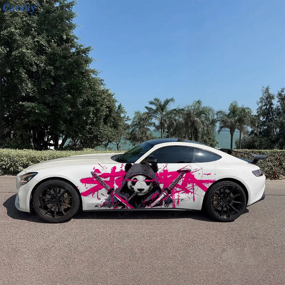 2pc Pink Graffiti Warrior Panda Splash Decal, Durable, Fade-Resistant, Enhance Vehicle Aesthetic With Bold Design Car Vinyl Wrap