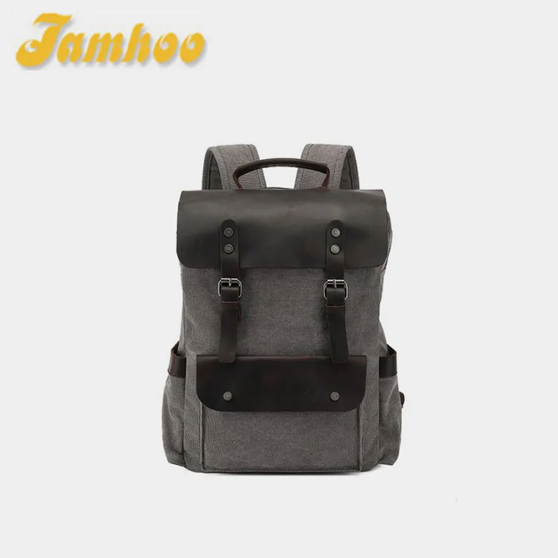 

Jamhoo Multifunction Casual Canvas Backpack Men Bag Vintage Leather School Bags for Teenagers Wearproof Portable Laptop Mochila