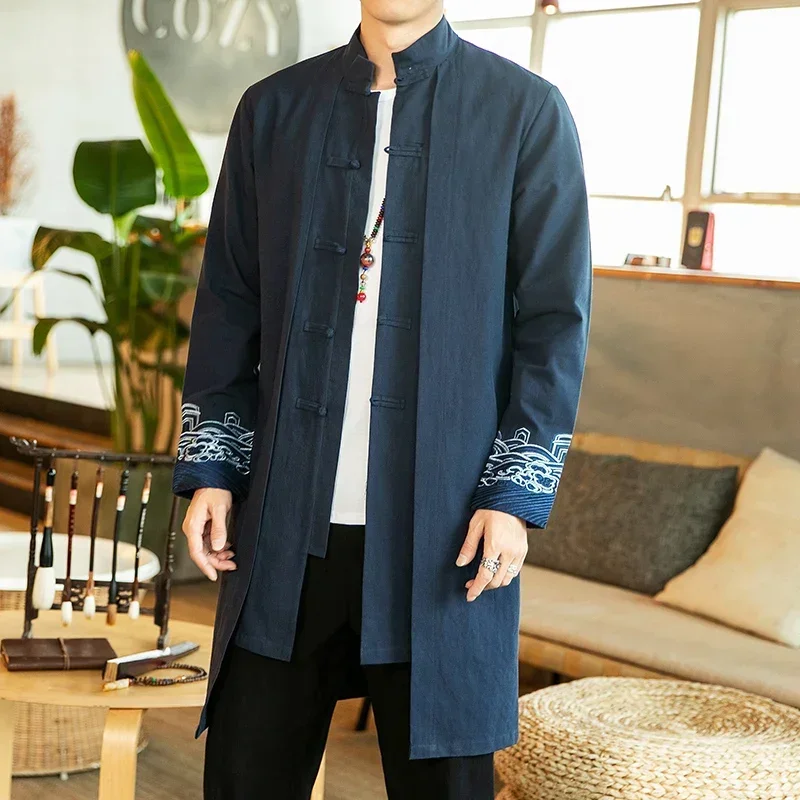 Streetwear fino tang terno casaco dos homens 2022 jaqueta de linho preto longo casaco masculino hanfu estilo chinês robe harujuku vento disjuntor