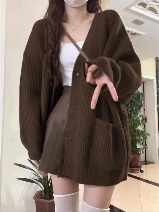 Large Fat MM Retro Coffee Melad Wearing Sweater Coat Women's Autumn/Winter New Lazy Style Cardigan