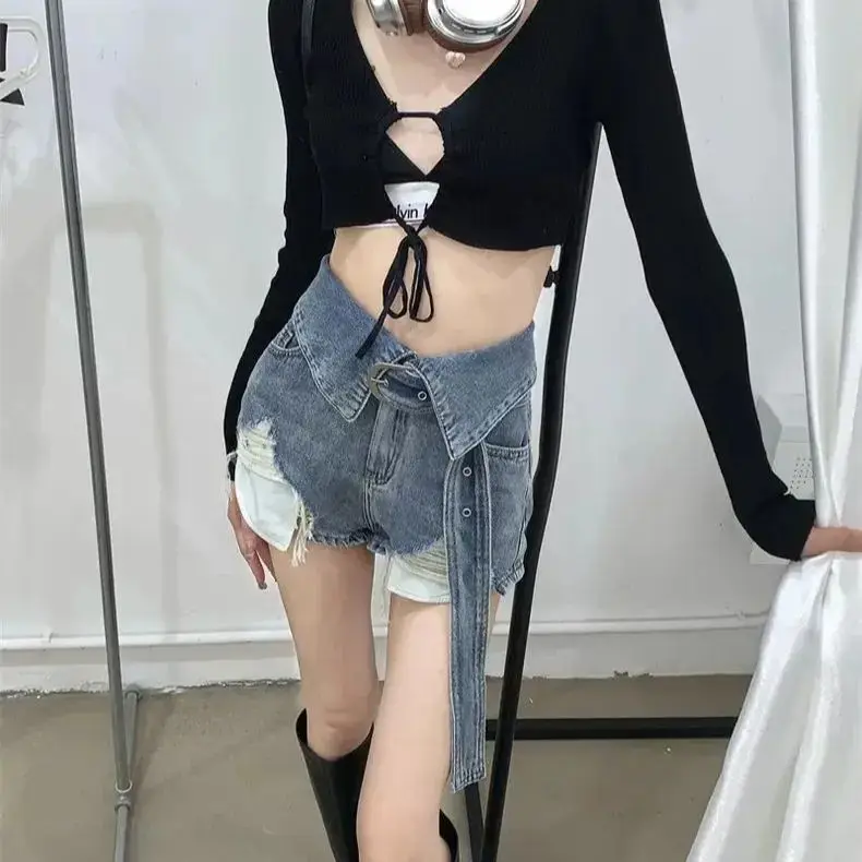 High-Waisted Hot Girl Ripped Jeans Women Spring New Niche Design Wide-Leg Slimming A-Line High Street Shorts