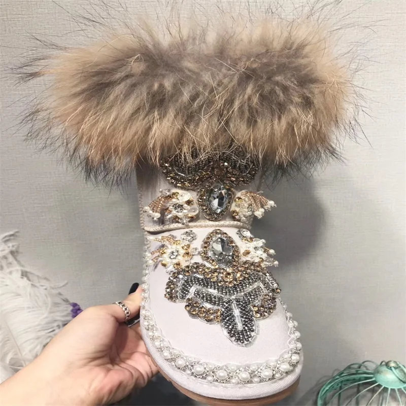 Beaded rhinestones handmade custom fur one-piece boots Pearl Vintage Winter plus fleece warm boots women\'s plus size 35-44