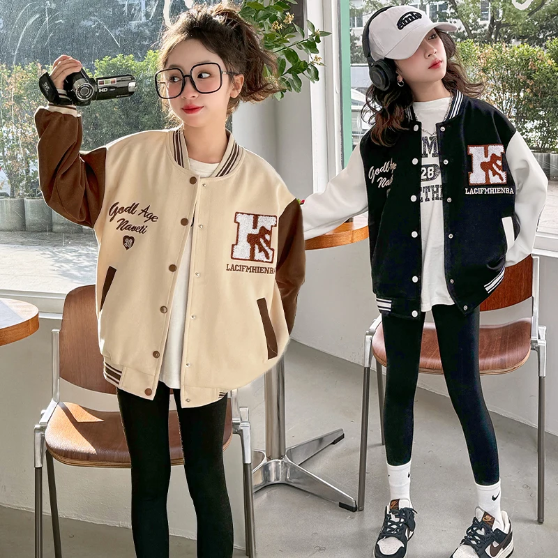 6 8 10 12 14 teenage girls cotton baseball jacket junior kid embroidery letter casual coat manteau enfant fille overcoat giacche