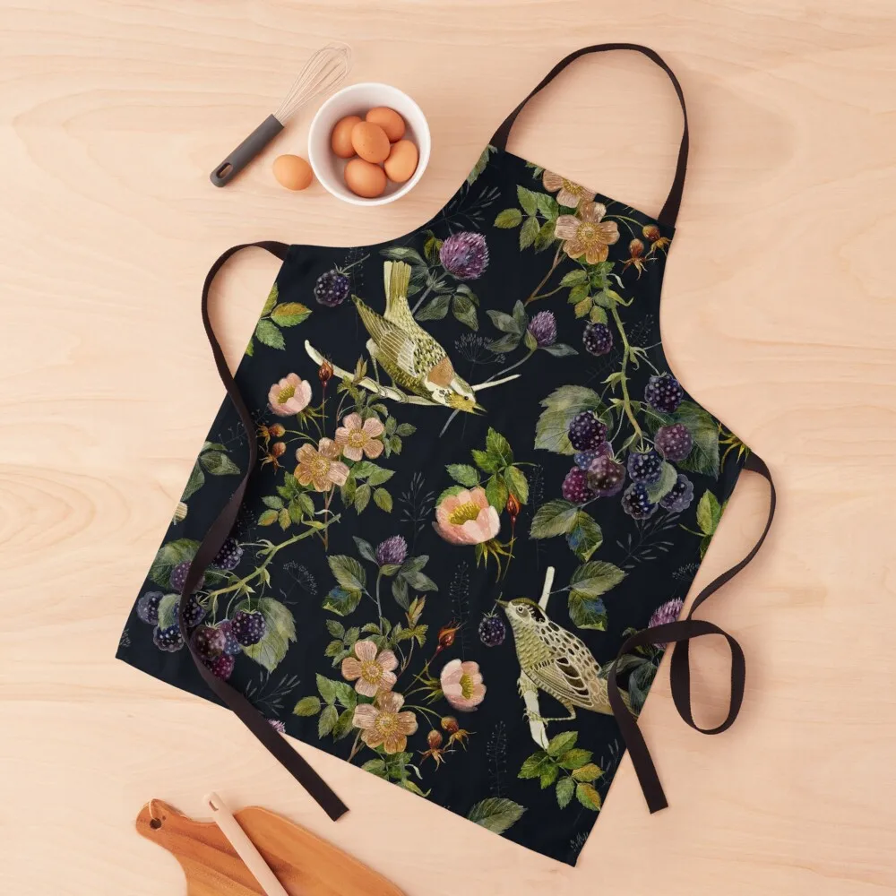 

Watercolor rosehip, birds, blackberry, forest herbs. Floral pattern on a black background. Apron Kitchen Items For Home Apron