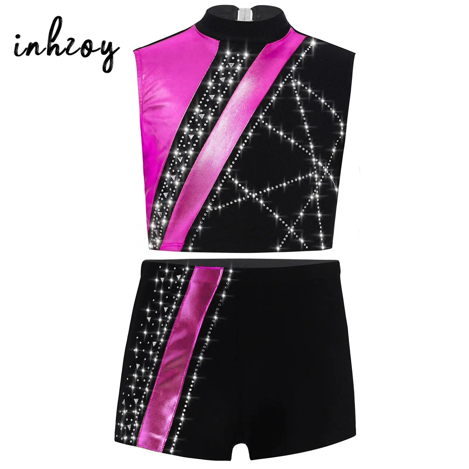 Kids Girls Ballet Gymnastics Sets Dance Performance Costume Sleeveless Rhinestones Metallic Color Block Crop Top with Shorts
