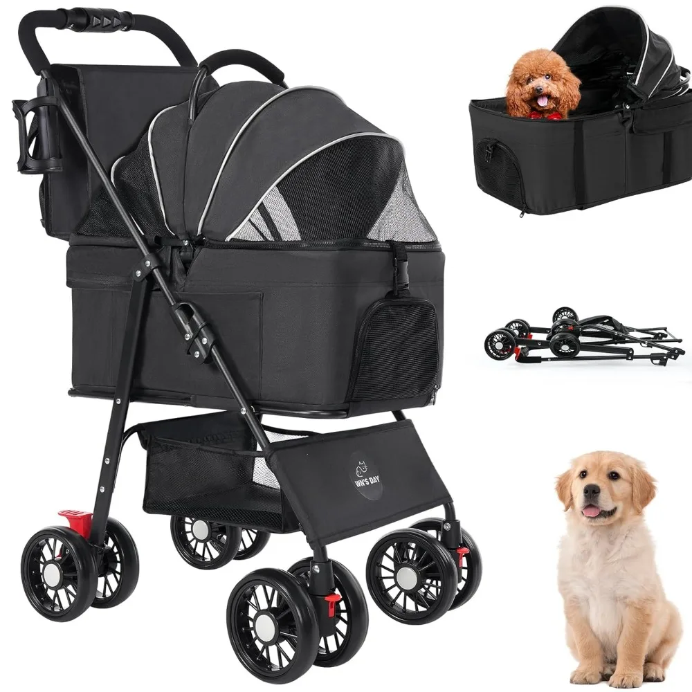

Pet Dog Stroller for Small Medium Dogs 10-50 lbs, Foldable Cat-Strollers for 2-Cats with Removable Carrier, Pet-Strollers