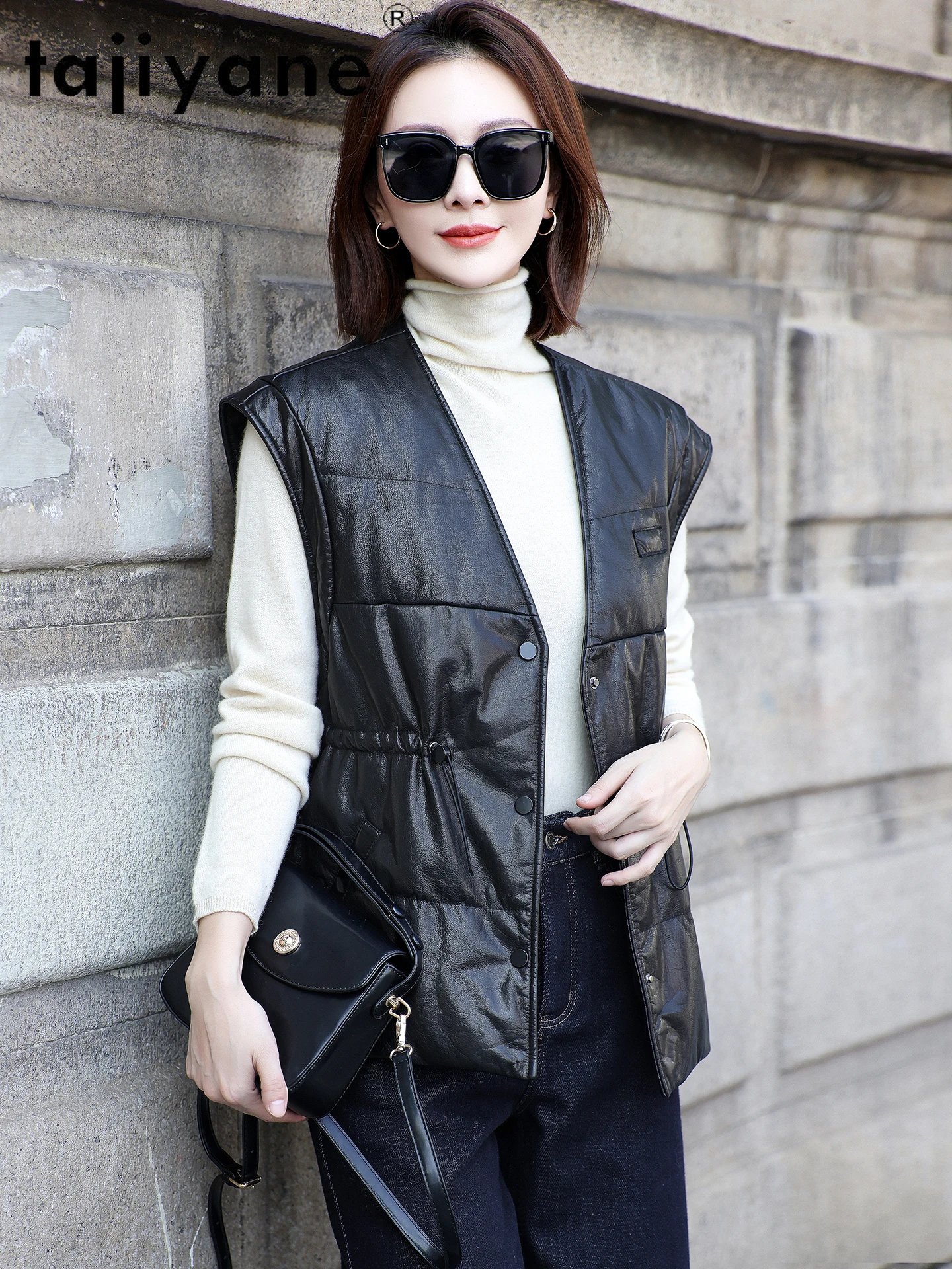 TAJIYANE Real Top-grain Cow Leather Vest Women Sleeveless 90% White Goose Down Coat Stylish Slim Jackets 2025 Woman Clothes 가죽자켓