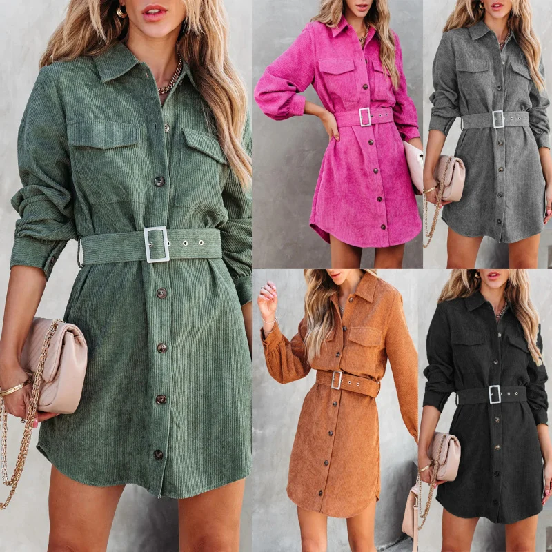 

European and american autumn and winter new2025New Style Foreign Trade Women's Clothing2025Lace-up Pocket Corduroy Women's Dress