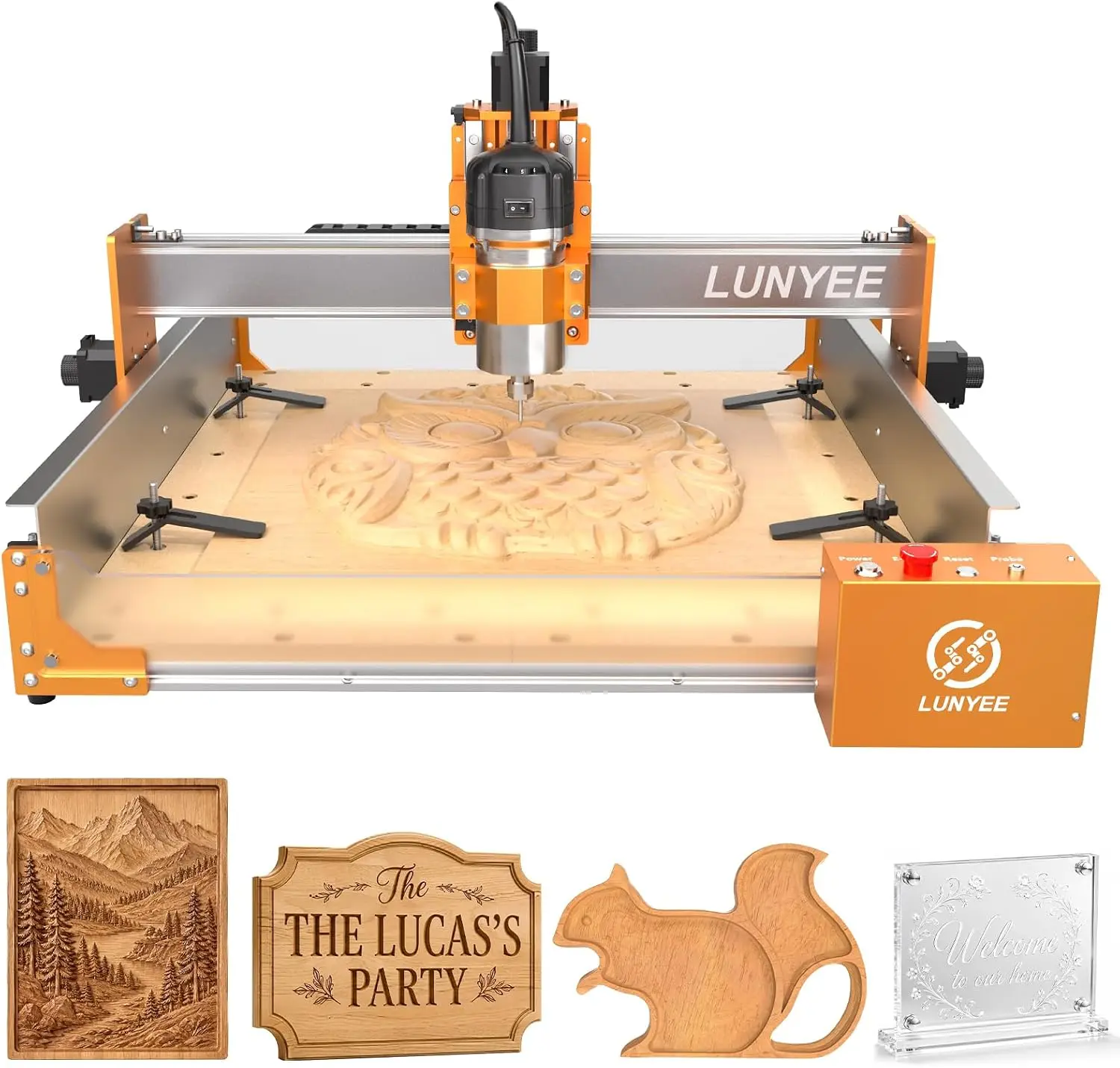 LUNYEE 4040 Pro Max CNC Router Machine with 800W Router, 400 X 400 X 90mm Working Area, Linear Guide Z Axis, Ball Screw Drive, Desktop CNC for Wood, MDF, Acrylic, PCB and Light Aluminum