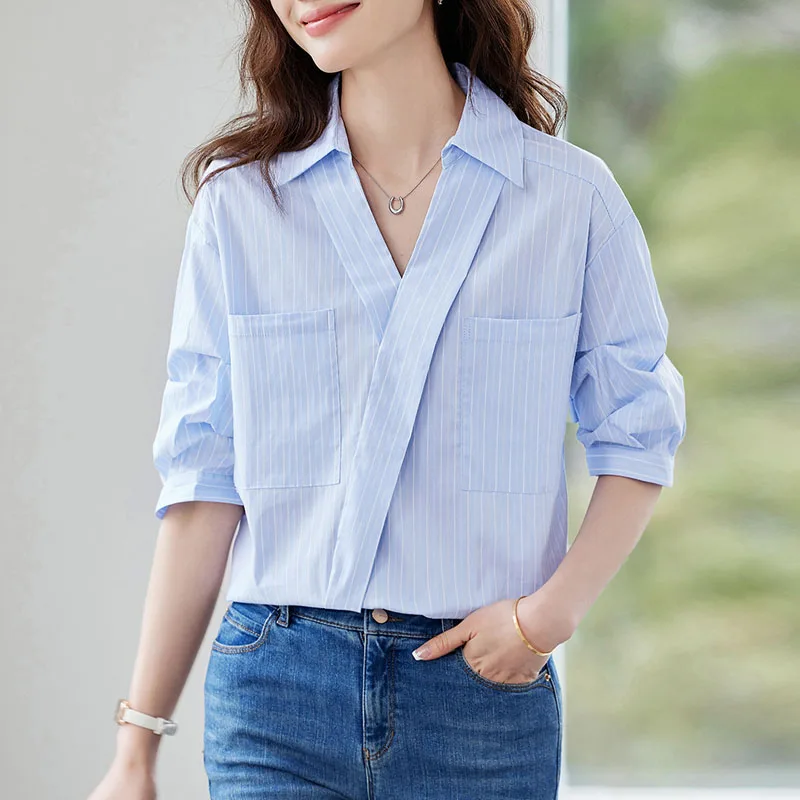 

2026 Summer New Striped Women Blouse Shirt Short Sleeve Turn Down Collar Blouse Shirt Women Tops Blouses Blusas Camisas Q4268