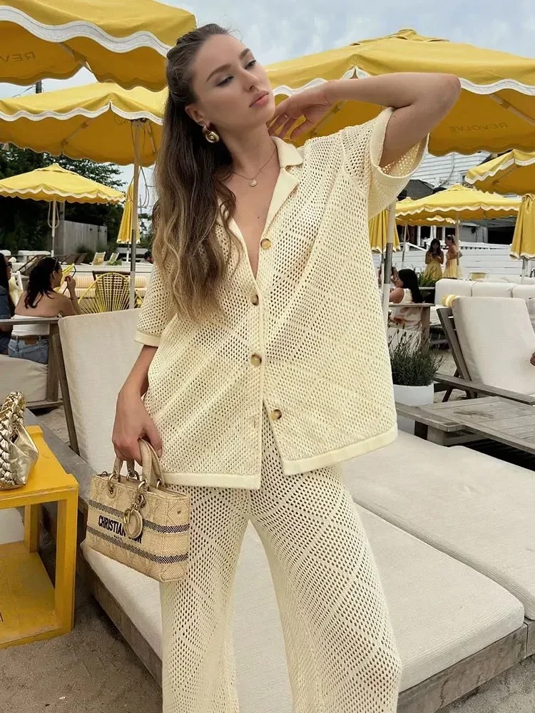 Women Casual Knit Loose Short Sleeve Lapel Top Trousers Set 2025 Summer Holiday Beachwear Two-piece Swimsuit Cover Up Outfit K62