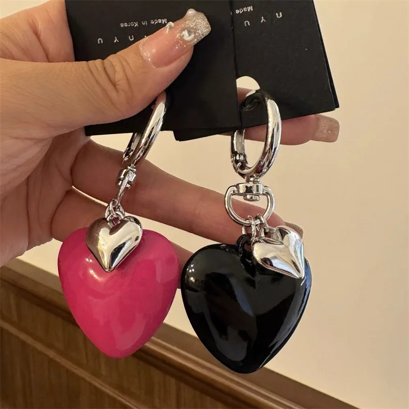 Y2k Big Heart Keychain Resin Silver Color Key Ring For Women Girls Friendship Gift Car Handbag Decoration