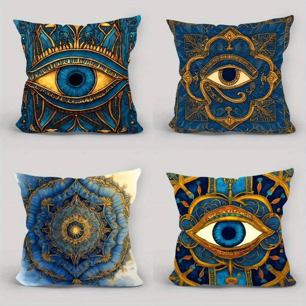 Funda de cojín Boho Mandala Ojo de la Providencia, azul y dorado, estilo bohemio espiritual, para decoración mística.