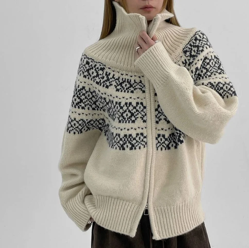 

Новая мода вязаный кардиган на молнии женский ретро жаккардовый свитер с длинными рукавами повседневная свободная вязаная верхняя одежда с лацканами топ