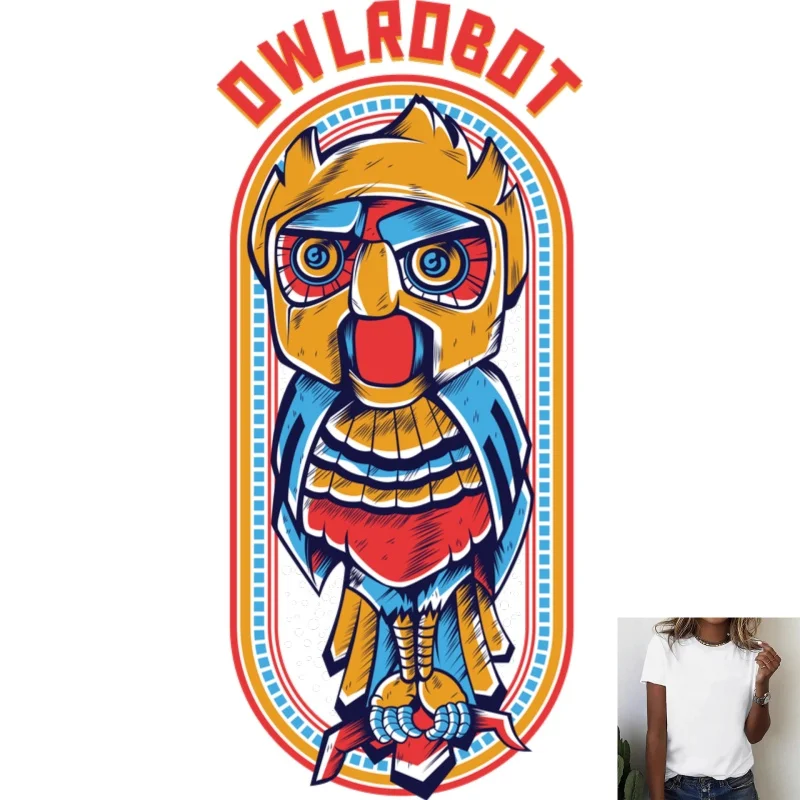Trendy Mechanical Owl Heat Transfer White Ink Iron - on Patch, Stylish Street - style T - shirt & Hoodie Decoration, Versatile