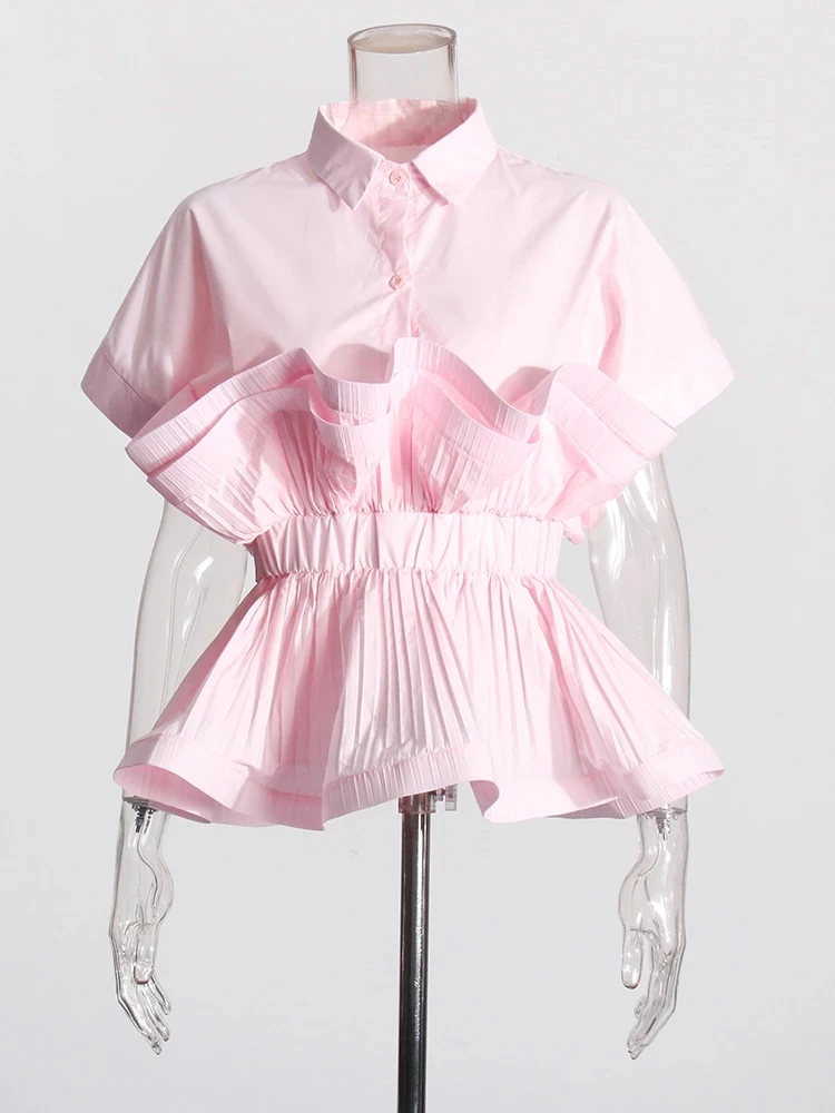 VGH Solid Spliced Button Shirts For Women Lapel Short Sleeve Patchwork Ruffles Elegant Chic Blouse Female Fashion New