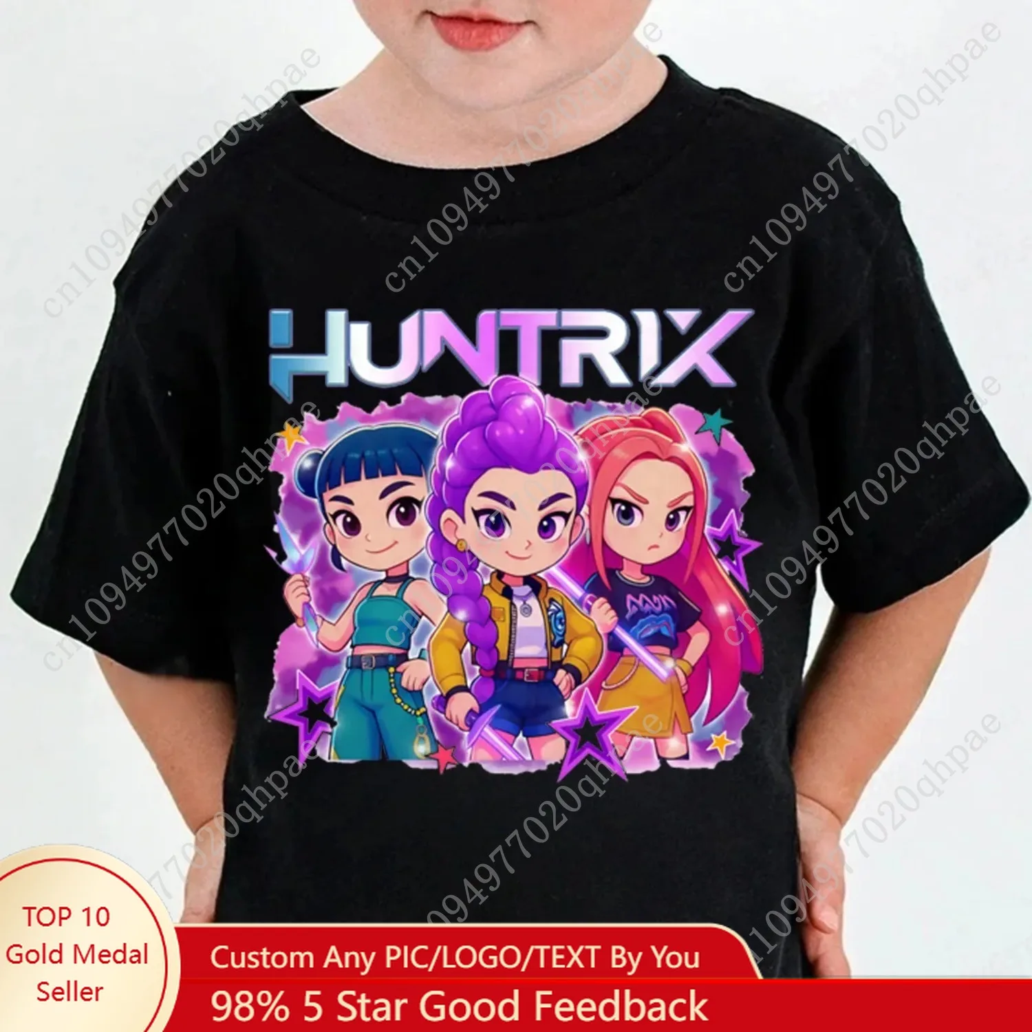 เสื้อยืด Huntrix Kpop Chasseurs de démons สำหรับเด็กชาย เด็กหญิง แฟนคลับ ของขวัญฤดูร้อน คอกลม แขนสั้น เสื้อยืดแฟชั่นเด็ก