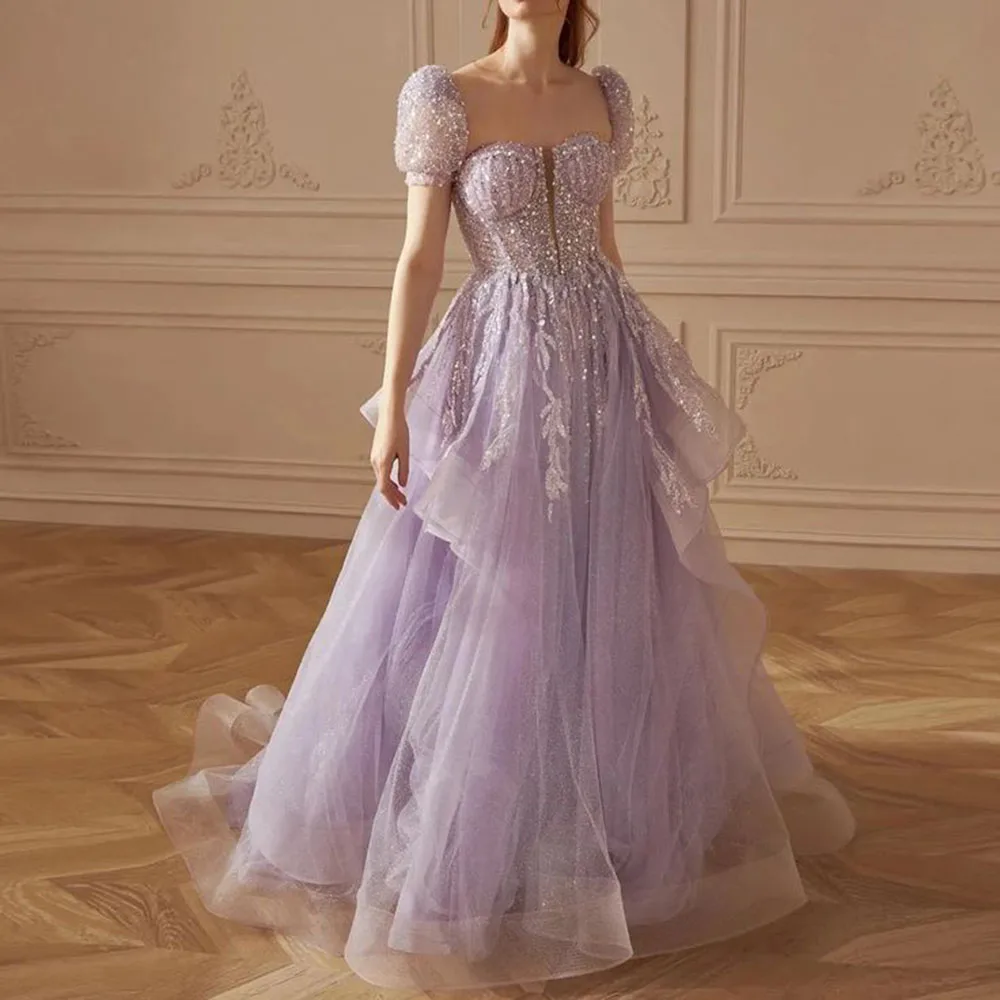 

Elegant Purple Women Prom Dresses Sweetheart Short Sleeves Floor Length A-Line Shiny Sequin Pretty Fairy Female Party Gowns