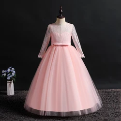 Dress Girl 8 Colors 120cm-170cm Long Sleeve Wedding Party Children Ball Gown Lace Performance Vestidos Kids Skirt