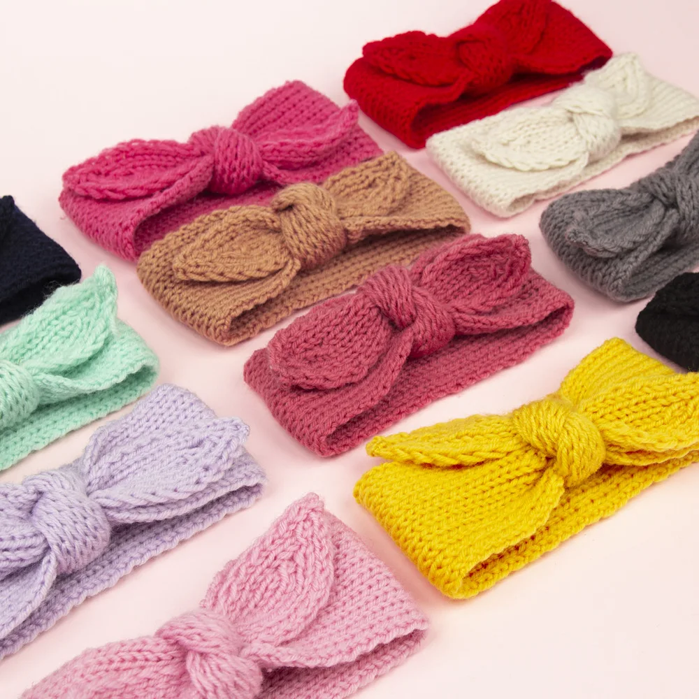 European  American autumn winter children\'s wool headband baby solid color rabbit ear elastic knitted headband color thickened