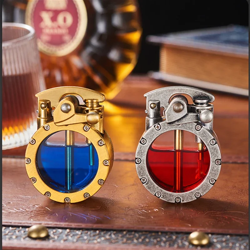 NEW Metal Rocker Arm Kerosene Lighter Creative Personality Round Transparent Oil Tank Open Fire Lighter Men\'s Small Tools