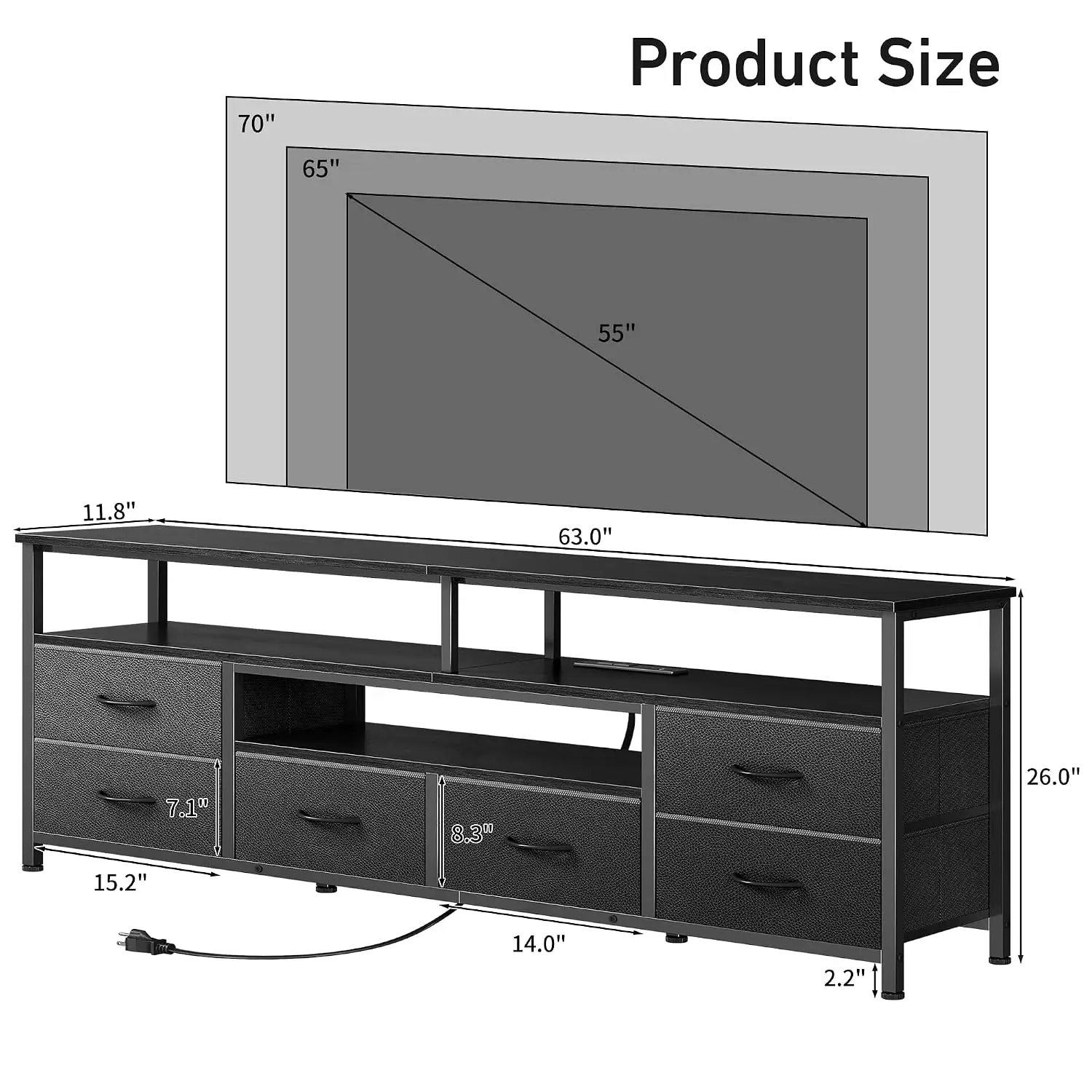63'' LED TV Stand, Entertainment Center w/Power Outlets, Black