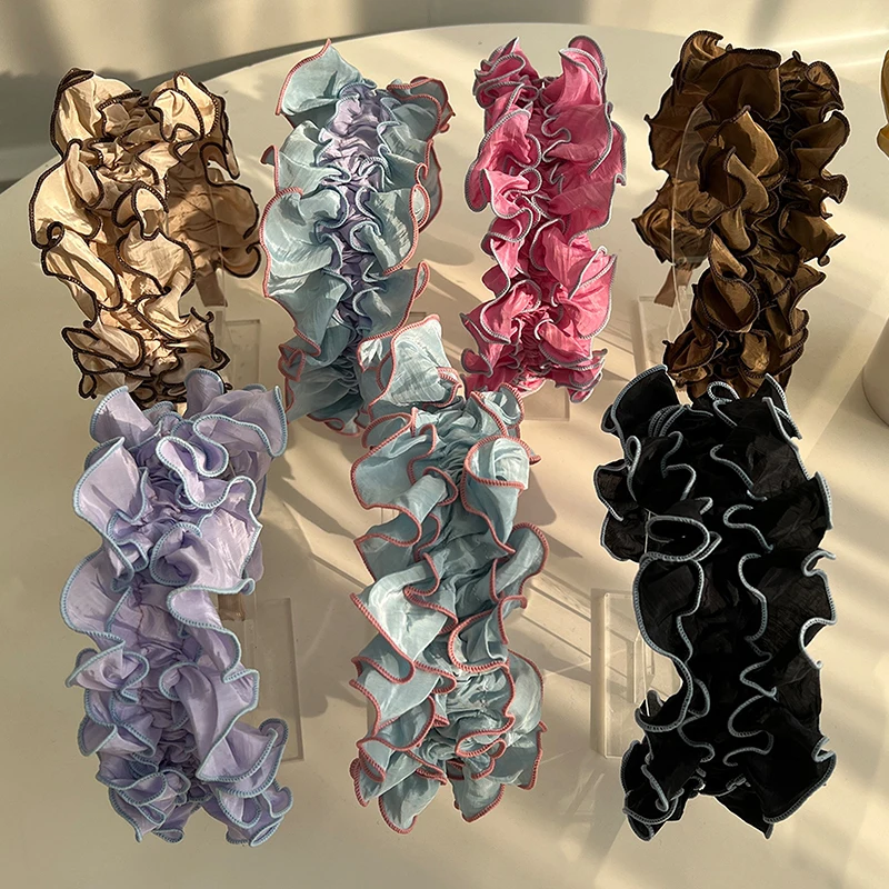 Ikat Rambut untuk Wanita, Ikat Kepala Lebar Ruffles Lipit Aksesori Rambut Elastis Anti Selip