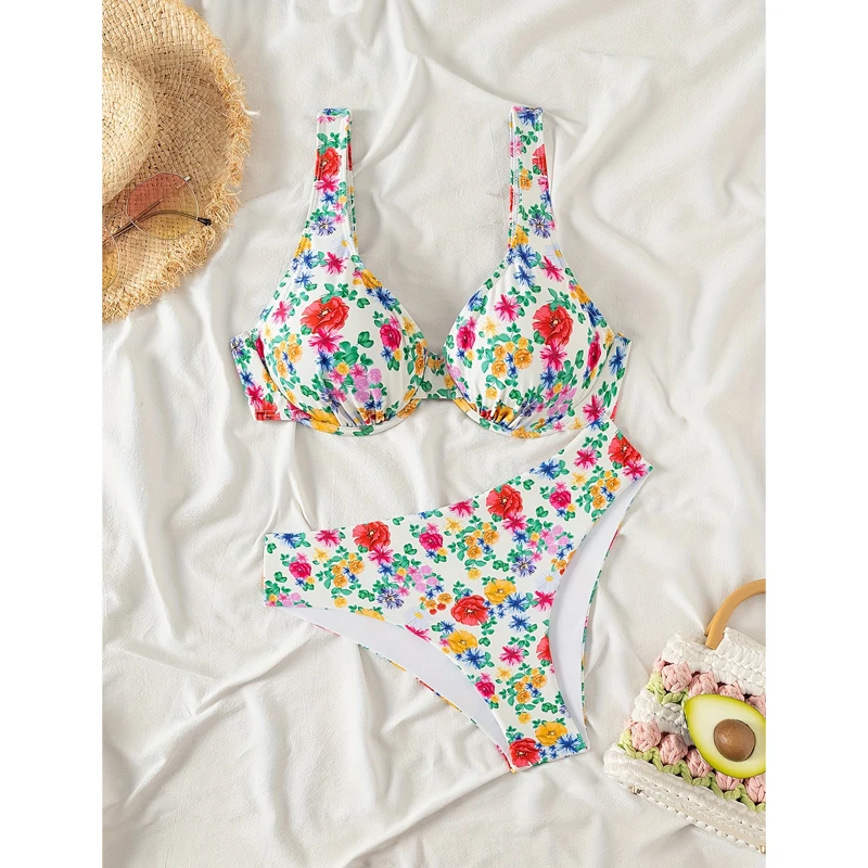 

Купальники с эффектом пуш-ап, женский комплект бикини с цветочным принтом, купальник из двух предметов, купальный костюм с высокой талией, винтажная пляжная одежда, пляжная одежда в стиле ретро