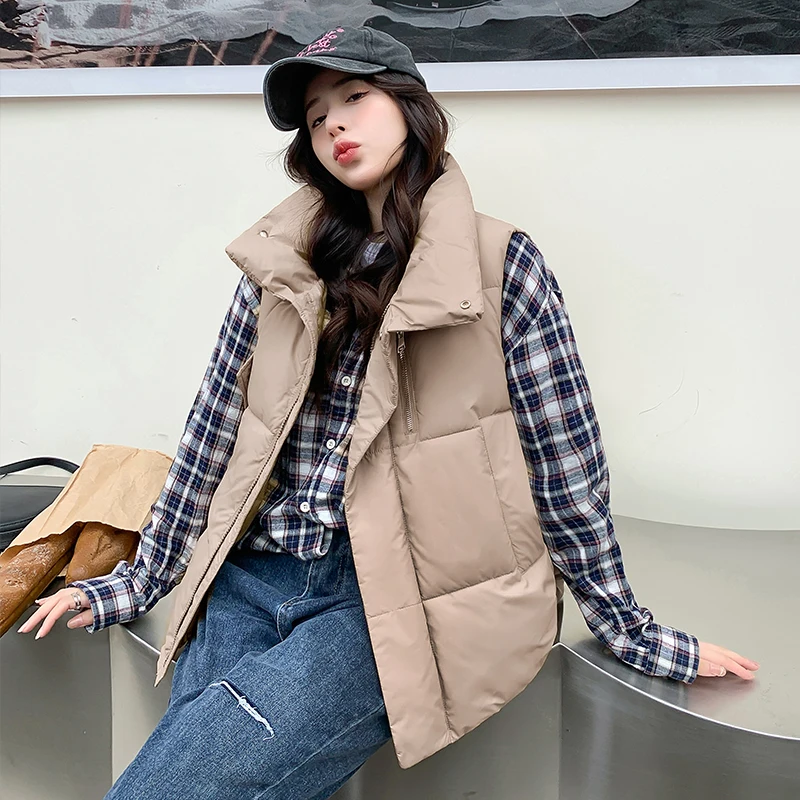 

CRRIFLZ Autumn Winter Women Stand Collar Cotton Vest Solid Color Sleeveless Drawstring Parka Ladies Zipper Loose Warm Jacket