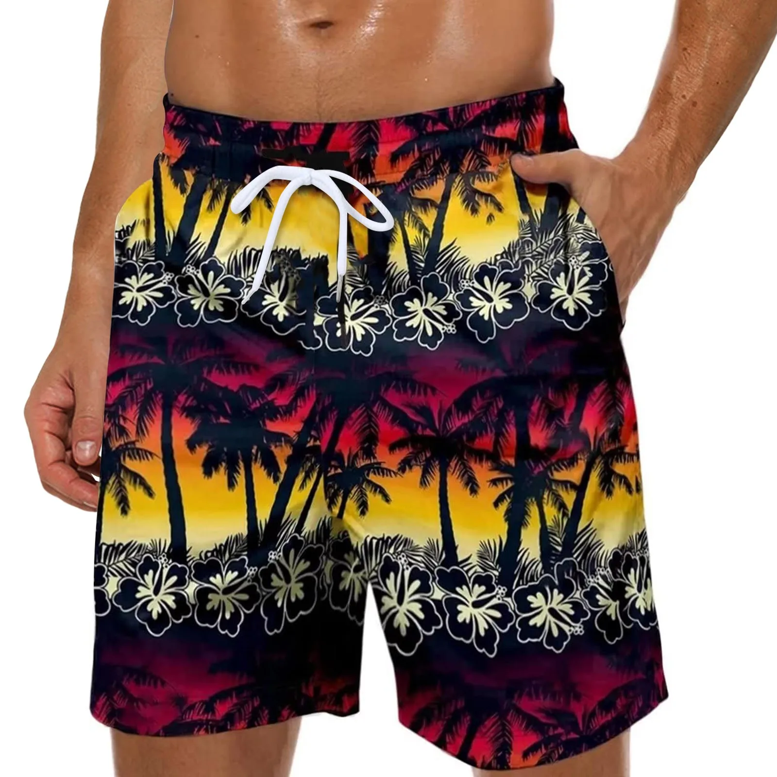 2024 Men’s Fashion Bohemian Beach Printed Short Pants Summer Pockets Drawstring Shorts Men Loose Casual Shorts Holiday Vocation